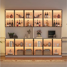 2 nowoczesne, wysokie gabloty szklane – 120 x 34 x 200 cm – z diodami LED + 6 drzwi + półka – płyta wiórowa – kolor biały