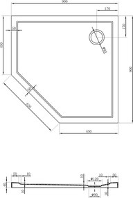 Mexen Flow brodzik pięciokątny slim 90 x 90 cm, biały połysk - 46P109090