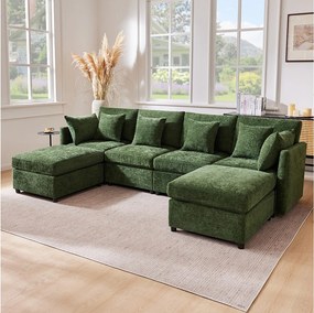 Nowoczesny zestaw wypoczynkowy 4-osobowy - 278 x 161 x 81 cm - z wyjmowanym podnóżkiem + 6 poduszek - welur - zielony