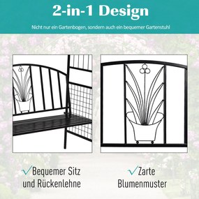 Outsunny Łuk Ogrodowy z Ławką Metalowa Brama Pergola Kratka dla Roślin Wspinających Czarny 152x58x207cm | Aosom PL