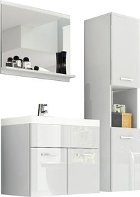 Zestaw mebli łazienkowych, komplet wiszący z umywalką, lustrem i słupkiem, korpus biały mat fronty biały połysk