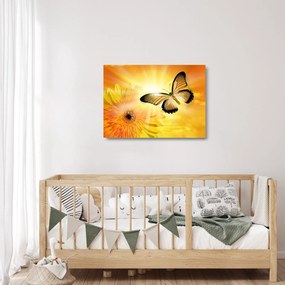 Obraz na szkle - Żółty motyl z kwiatkiem (70x50 cm)