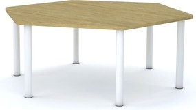 Stół szkolny Smart sześciokątny 140x120 cm, rozmiar 4-6, blat dębowy / nogi białe