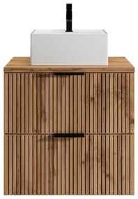 Wisząca szafka łazienkowa z prążkowanym frontem i kwadratową umywalką nablatową – jasny naturalny i czarny – 60 cm – MADELA