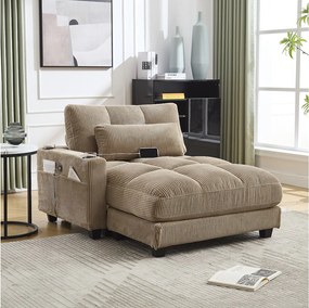 Sofa 1-osobowa z podłokietnikami - Sofa relaksacyjna z 2 uchwytami na kubki i kieszeniami bocznymi - sztruks khaki