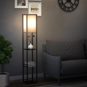 HOMCOM Lampa Stojąca z Półkami Oświetlenie Wewnętrzne E27 Drewno Czarne 26x26x160cm | Aosom PL