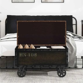 Vintage ławka do przechowywania z litego drewna i ekoskóry z tapicerowanym siedziskiem i kółkami, 80,5x41x50 cm, brązowa