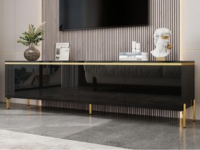 Nowoczesny lakierowany błyszczący mebel TV - 170x38x50 cm - 4 drzwi - Złocone wykończenia - Nogi metalowe - Czarny