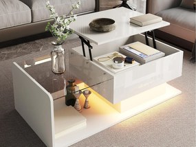 Regulowany stolik kawowy wysokopołysk 100×50×47,5 cm - Szklany blat - Oświetlenie LED - Płyty wiórowe - biały