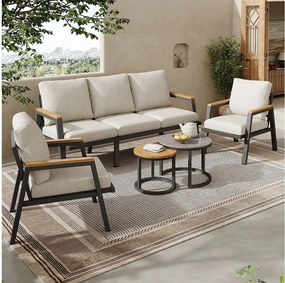 Zestaw mebli ogrodowych modułowych ze stali ocynkowanej - sofy 2-osobowe + 2 fotele z poduszkami - 2 stoliki kawowe szklane - szary