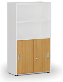 Szafa biurowa kombinowana PRIMO WHITE, drzwi przesuwne na 2 poziomach, 800 x 420 x 1434 mm, biały/buk