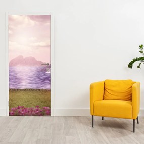 Fototapeta na drzwi - Różowe drzewa z jeziorem (95x205cm)