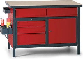 Stół warsztatowy GD, 5 szuflad, świerk + sklejka świerkowa obustronnie fornirowana, 5 szuflad, 1 szafka, 1190 x 600 x 850 mm, grafitowy / czerwony
