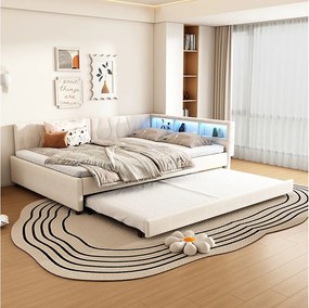 Sofa dziecięca rozkładana - 140 x 200 cm - pojemnik nad łóżkiem - z USB + LED - z wysuwanym łóżkiem 90 x 190 cm - len + płyta MDF - beżowa