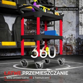 HOMCOM Wózek narzędziowy z 3 półkami, uchwyty boczne, kółka, z tworzywa, Czarny