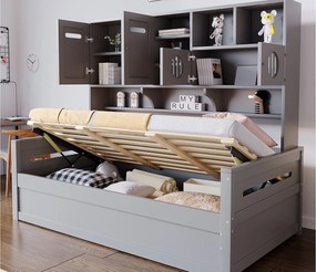 Łóżko z pojemnikiem 90x200 cm - z komorami przechowawczymi - z 4 drzwiami - stelaż listwowy - szary (materac nie jest w zestawie)