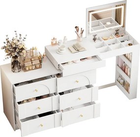 Toaleta z oświetleniem LED 105x40x80 cm - z 7 szufladami - z przegrodami do przechowywania - biała