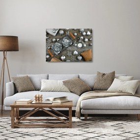 Obraz na szkle - srebrne ozdoby świąteczne (70x50 cm)