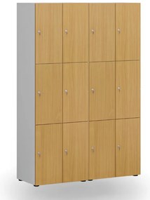 Drewniana szafka skrytkowa S4, 6 schowków, demontaż, zamek cylindryczny, szary/brzoza
