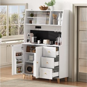 Wysoka komoda kuchenna z gniazdkami i ścianką perforowaną - 120 x 40 x 184 cm - z drzwiami + 3 szuflady + półka - MDF - biała