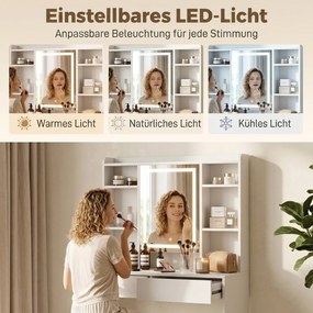 HOMCOM Toaletka z lustrem i oświetleniem LED, stolik do makijażu z 2 szufladami, otwartymi półkami i 8 haczykami, Biały | Aosom PL