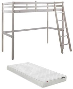 Łóżko antresola GEDEON II – 90 × 190 cm – lite drewno sosnowe – kolor biały, w zestawie z materacem