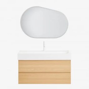 Zestaw Mebli Łazienkowych Z Drewna I Forniru Jesionowego Z Wbudowaną Umywalką Ona Naturalna & Owalna Lampa Led I Przeciwmgielna 100x65 - Sklum