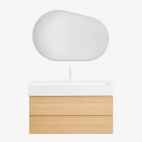 Zestaw Wiszących Mebli Łazienkowych Z Drewna I Forniru Jesionowego Zintegrowany Z Umywalką Ona Naturalna & Owalna Lampa Led I Przeciwmgielna 100x80 Cm