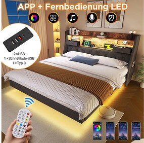 Nowoczesne łóżko tapicerowane - 160 x 200 cm - z diodami LED + stacja ładowania + zagłówek ze schowkiem - len - szare (z materacem)