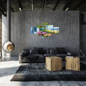 Obraz ogrodu przed domem, obraz olejny (125x70 cm)
