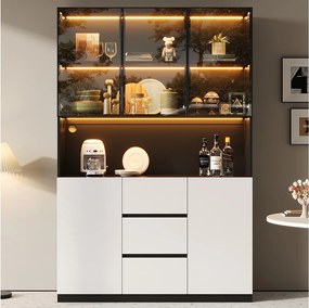 Nowoczesna witryna szklana - 120 x 40 x 200 cm - z diodami LED + otwarte półki + 3 szuflady + drzwi - płyta MDF - biała + czarna