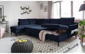 Ciemnoniebieska aksamitna rozkładana sofa w kształcie litery "U" Miuform Stylish Stan, lewostronna