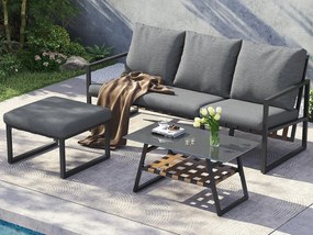 Zestaw mebli ogrodowych - 4 miejsca - ze stali ocynkowanej - kanapa - 1 stolik kawowy - szklany blat - 1 stołek - ze sztucznej skóry - Szary