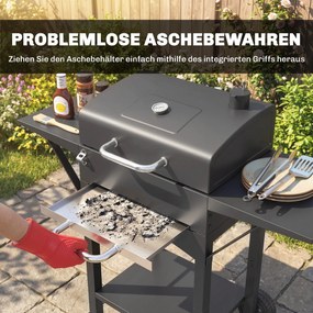 Outsunny Grill węglowy z pokrywą, BBQ Smoker z 2 bocznymi stolikami, dużą powierzchnią grillową, rusztem, termometrem i kółkami | Aosom PL