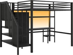 Łóżko mezzanine metalowe 140x200 cm - z biurkiem i szafą - schody z miejscem do przechowywania - z oświetleniem LED - Czarny