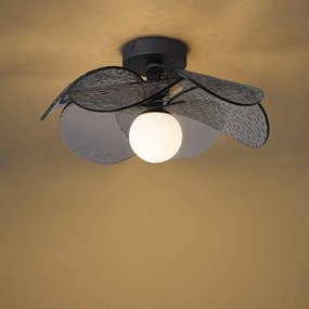 Designerska lampa sufitowa srebrna z przydymionym, żebrowanym szkłem - Kemner