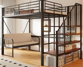 Łóżko na antresoli 90 x 200 cm - Konstrukcja metalowa - Z kanapą - Z drabiną - Czarny​ (materac nie jest wliczony w cenę)