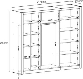 Szafa Przesuwna FRISKA 247,8 cm z Lustrem Szafa Dwudrzwiowa, Dąb sonoma