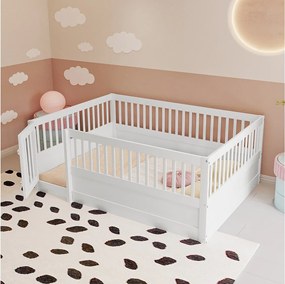 Łóżko dziecięce 140 x 200 cm bez stelaża, rama łóżka drewniana z szczebelkami i drzwiami, sosna + sklejka + MDF - białe