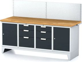 Stół warsztatowy MECHANIC z panelem perforowanym, 2000x685x880 mm, 2x 3 szufladowy kontener, 2x szafka, grafitowy