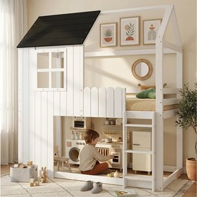 Łóżko piętrowe 90 x 200 cm w kształcie małego domku z drabinką i schowkiem pod łóżkiem – sosna i płyta MDF – białe i czarne (materac nie jest wliczony w cenę)