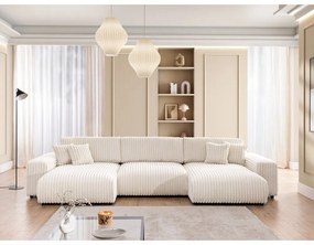 Kremowy sztruksowy rozkładany narożnik ze schowkiem (w kształcie litery U) Sarina – Ropez