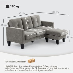 HOMCOM Narożnik, Sofa z odwracalną chaiselongue, Sofa w kształcie L, Obicie w stylu lnianym, 186 x 130 x 84 cm, Brązowy