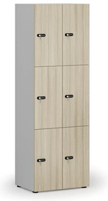 Drewniana szafka skrytkowa S4, 6 schowków, demontaż, zamek mechaniczny z kodem, szary/dąb naturalny