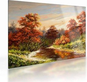 Obraz na szkle rzeki w jesiennym krajobrazie, obraz olejny (70x50 cm)