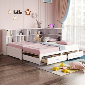 Rozkładana sofa - 90/180 x 190 cm - ze schowkiem + 2 szuflady + gniazdo - sosna + sklejka + MDF - biały