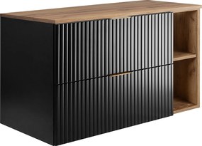 Czarna szafka łazienkowa ryflowana FLOW 100 cm z blatem i regałem dąb craft złoty