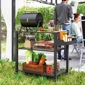 Outsunny Wyspa Kuchenna na Zewnątrz, Wózek Grillowy z Półką na Zapasy, Uchwytem, 4 Kołami, Wózek Kuchenny, Taras, Ogród, Metal, Czarny