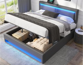 Łóżko z pojemnikiem 140x190 cm z ekoskóry z LED - z portami ładowania (przewodowym i bezprzewodowym) - Szare