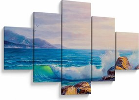 Obraz fal uderzających w klify, obraz olejny (125x70 cm)